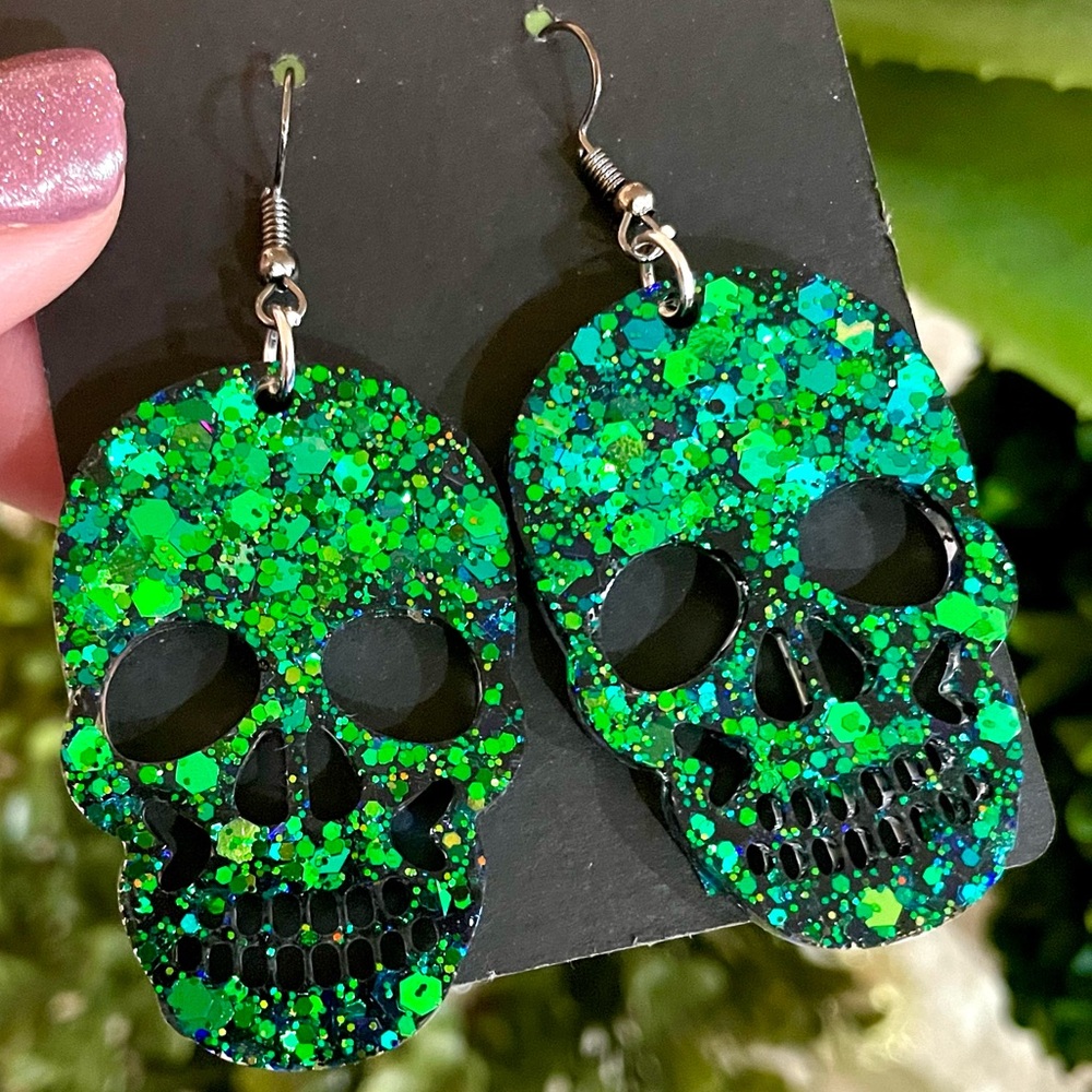 Celestial Green Skull Earrings